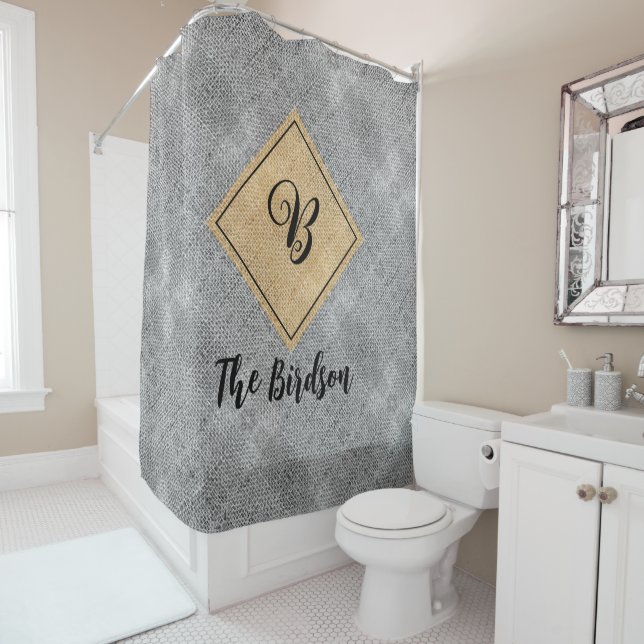 Family FarmHouse Name Monogram, Rustic Gray Burlap Shower Curtain (In Situ)