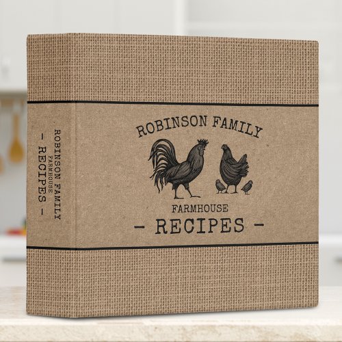 Family Farmhouse Rooster Hen Burlap Kraft Recipe 3 Ring Binder