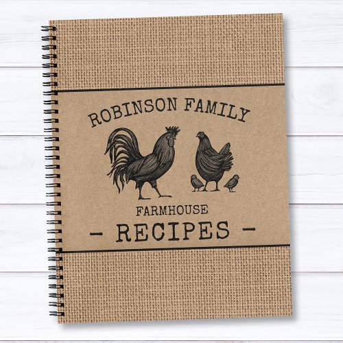 Family Farmhouse Rooster Hen Burlap Kraft Recipe Notebook