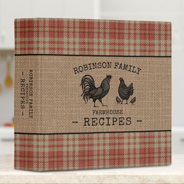 Family Farmhouse Rooster Hen Red Plaid Recipe 3 Ring Binder (Creator Uploaded)