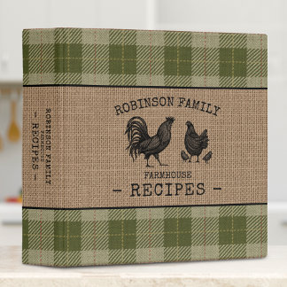Family Farmhouse Rooster Hen Sage Plaid Recipe 3 Ring Binder