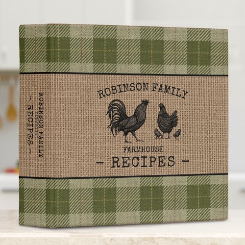 Family Farmhouse Rooster Hen Sage Plaid Recipe 3 Ring Binder