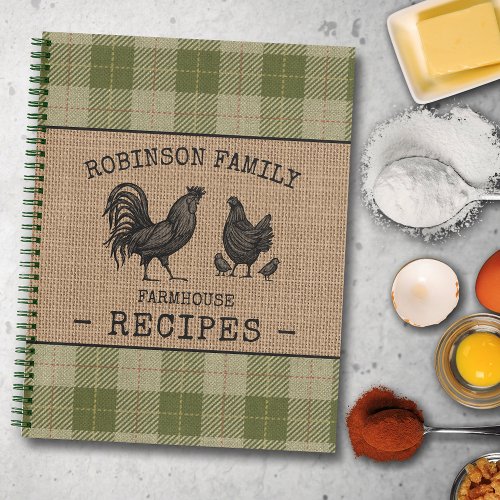 Family Farmhouse Rooster Hen Sage Plaid Recipe Notebook