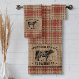 Family Farmhouse Rustic Cow Red Plaid Burlap Bath Towel Set