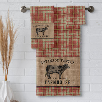 Family Farmhouse Rustic Cow Red Plaid Burlap Bath Towel Set by rustic_charm at Zazzle