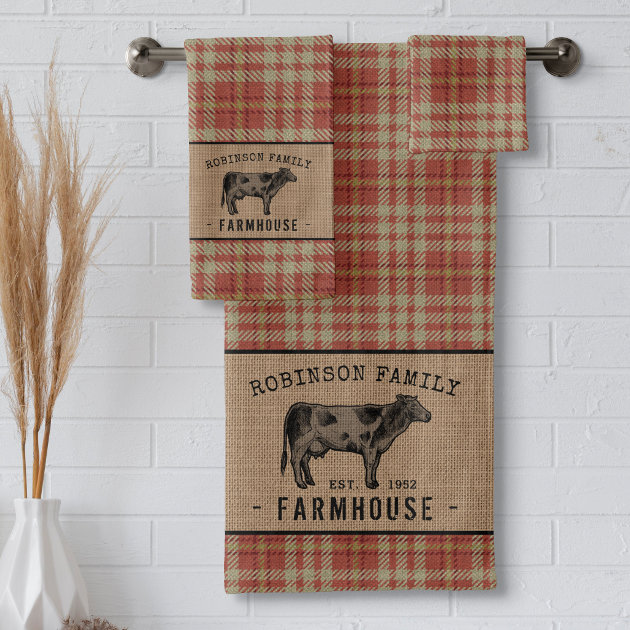 Family Farmhouse Rustic Cow Red Plaid Burlap Bath Towel Set Zazzle