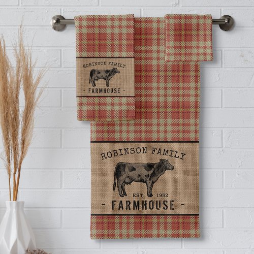 Family Farmhouse Rustic Cow Red Plaid Burlap Bath Towel Set