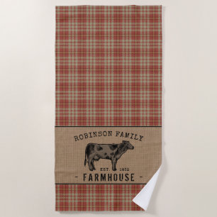 Family Farmhouse Rustic Cow Red Plaid Burlap Beach Towel