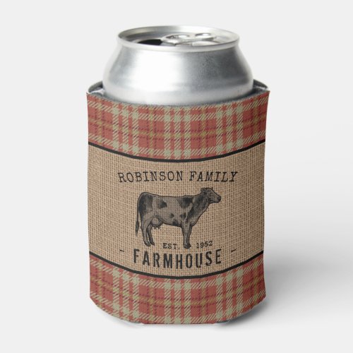 Family Farmhouse Rustic Cow Red Plaid Burlap Can Cooler