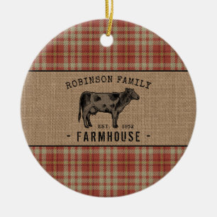 Family Farmhouse Rustic Cow Red Plaid Burlap Ceramic Ornament