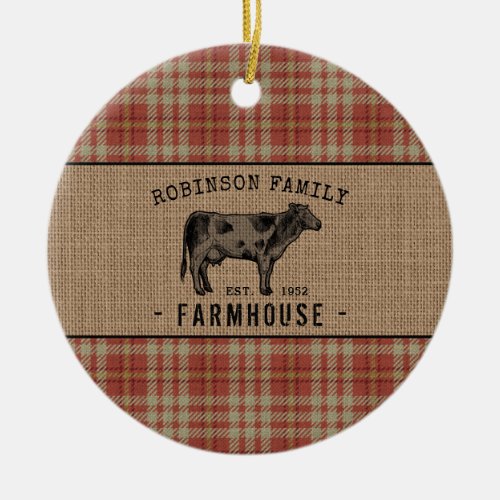 Family Farmhouse Rustic Cow Red Plaid Burlap Ceramic Ornament