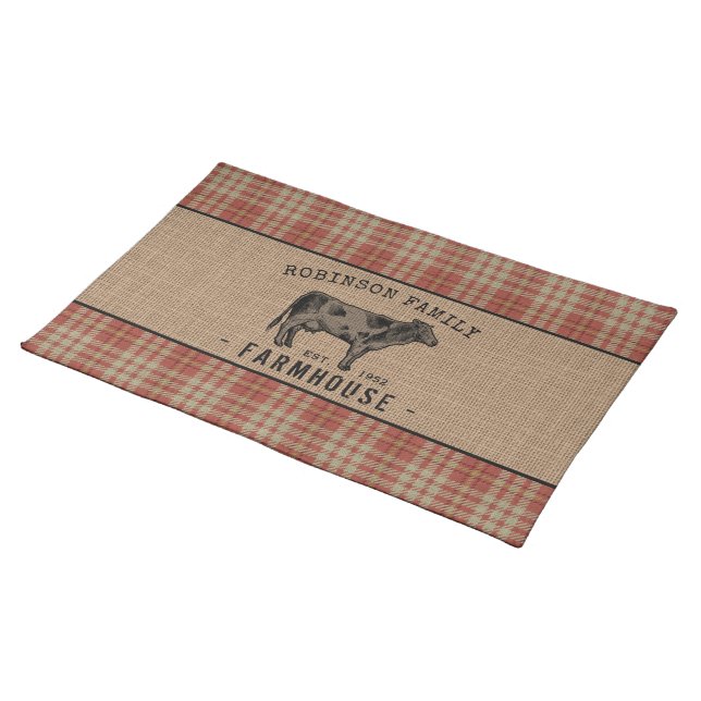 Family Farmhouse Rustic Cow Red Plaid Burlap Cloth Placemat (On Table)