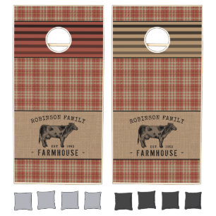 Family Farmhouse Rustic Cow Red Plaid Burlap Cornhole Set