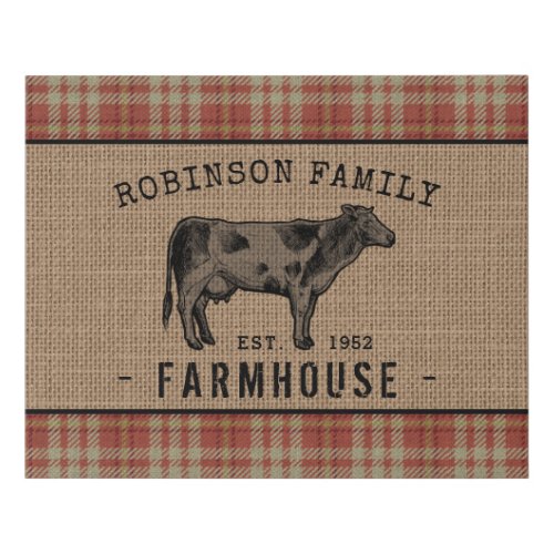 Family Farmhouse Rustic Cow Red Plaid Burlap Faux Canvas Print