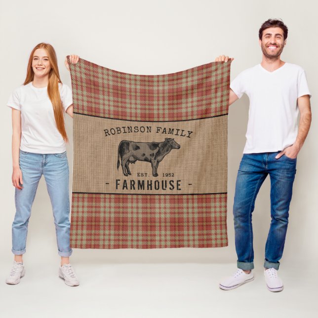 Family Farmhouse Rustic Cow Red Plaid Burlap Fleece Blanket (In Situ)