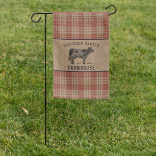 Family Farmhouse Rustic Cow Red Plaid Burlap Garden Flag