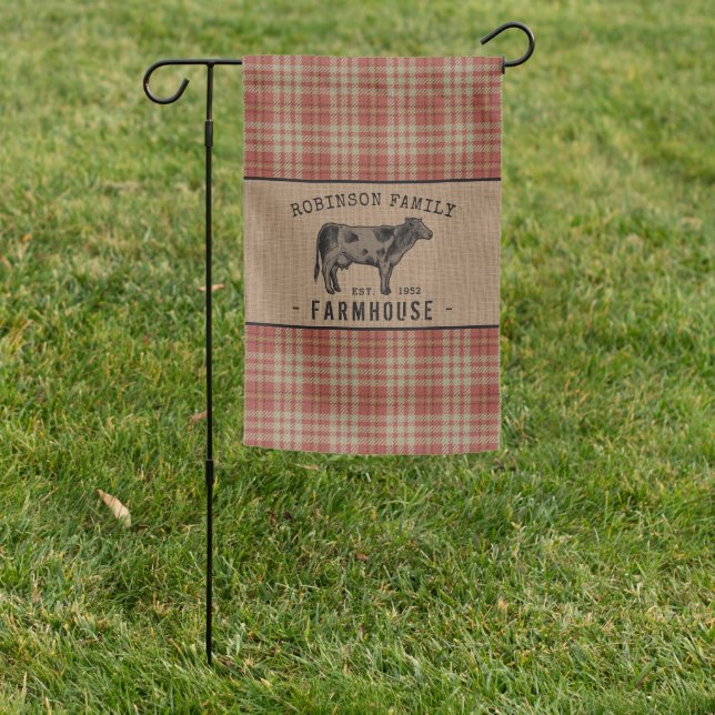 Family Farmhouse Rustic Cow Red Plaid Burlap Garden Flag (In SItu)