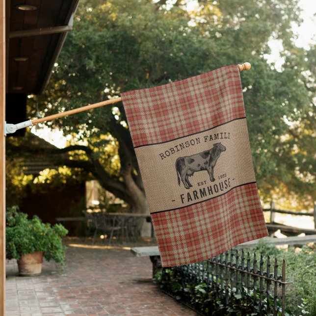 Family Farmhouse Rustic Cow Red Plaid Burlap House Flag (In SItu)