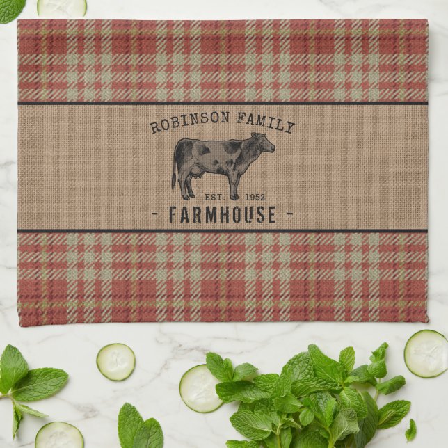 Family Farmhouse Rustic Cow Red Plaid Burlap Kitchen Towel (Folded)