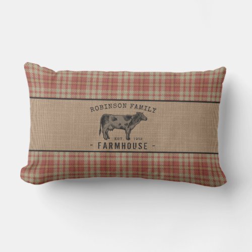 Family Farmhouse Rustic Cow Red Plaid Burlap Lumbar Pillow