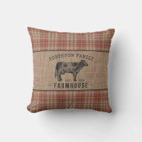 Family Farmhouse Rustic Cow Red Plaid Burlap