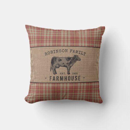 Family Farmhouse Rustic Cow Red Plaid Burlap Outdoor Pillow