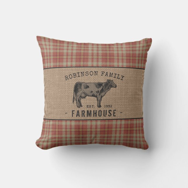 Family Farmhouse Rustic Cow Red Plaid Burlap Outdoor Pillow (Front)