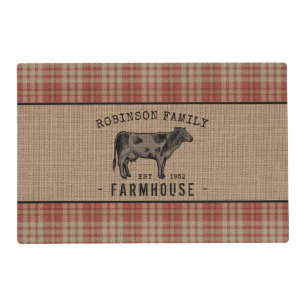 Family Farmhouse Rustic Cow Red Plaid Burlap Placemat