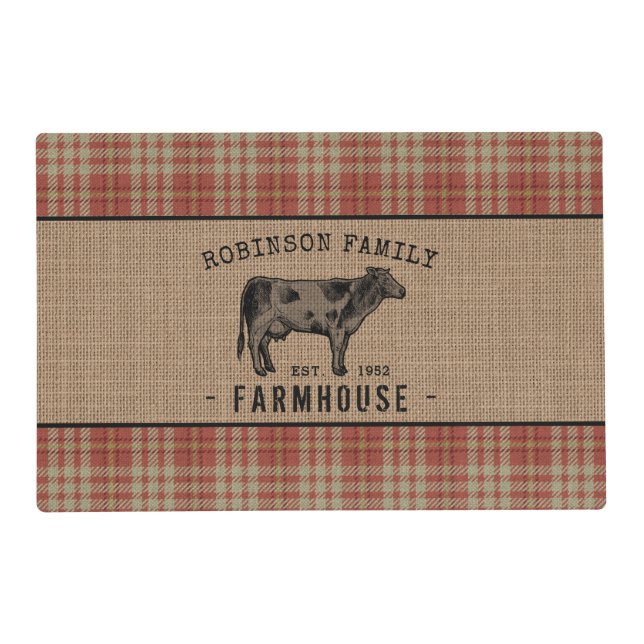 Family Farmhouse Rustic Cow Red Plaid Burlap Placemat (Front)