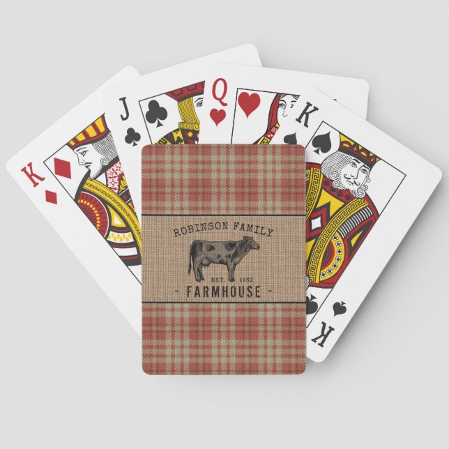 Family Farmhouse Rustic Cow Red Plaid Burlap Poker Cards (Back)