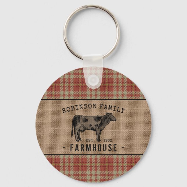 Family Farmhouse Rustic Cow Red Plaid Burlap Round Keychain (Front)