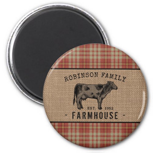 Family Farmhouse Rustic Cow Red Plaid Burlap Round Magnet