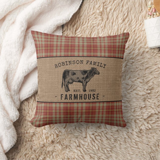 Family Farmhouse Rustic Cow Red Plaid Burlap Throw Pillow (Blanket)
