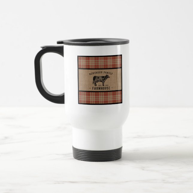 Family Farmhouse Rustic Cow Red Plaid Burlap Travel Mug (Left)
