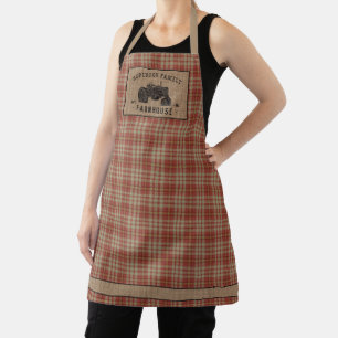 Family Farmhouse Rustic Tractor Red Plaid Burlap Apron
