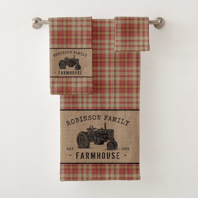 Family Farmhouse Rustic Tractor Red Plaid Burlap Bath Towel Set (Insitu)