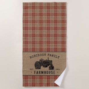 Family Farmhouse Rustic Tractor Red Plaid Burlap Beach Towel