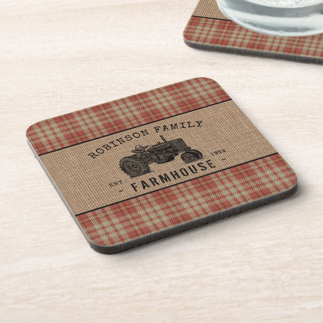 Family Farmhouse Rustic Tractor Red Plaid Burlap Beverage Coaster (Left Side)
