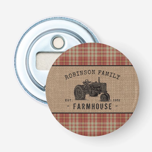 Family Farmhouse Rustic Tractor Red Plaid Burlap Bottle Opener (Front)