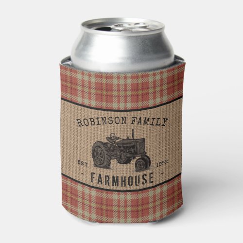 Family Farmhouse Rustic Tractor Red Plaid Burlap Can Cooler