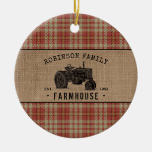 Family Farmhouse Rustic Tractor Red Plaid Burlap Ceramic Ornament