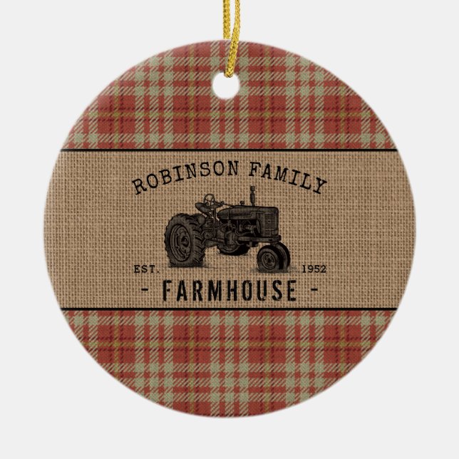 Family Farmhouse Rustic Tractor Red Plaid Burlap Ceramic Ornament (Front)