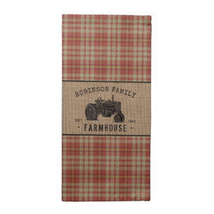 Family Farmhouse Rustic Tractor Red Plaid Burlap Cloth Napkin