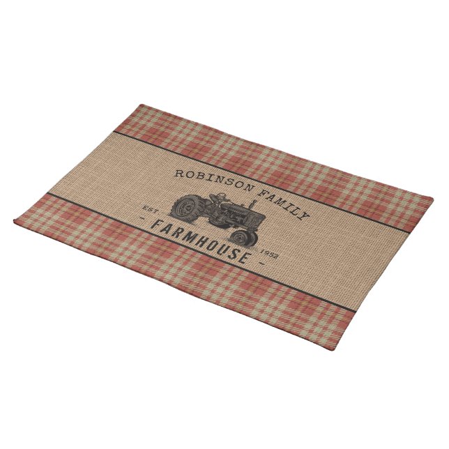 Family Farmhouse Rustic Tractor Red Plaid Burlap Cloth Placemat (On Table)