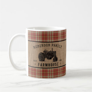 Family Farmhouse Rustic Tractor Red Plaid Burlap Coffee Mug