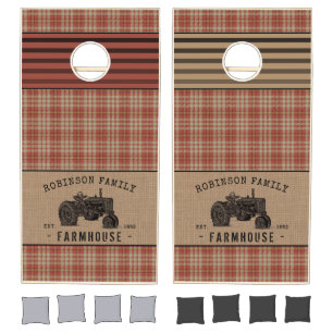Family Farmhouse Rustic Tractor Red Plaid Burlap Cornhole Set