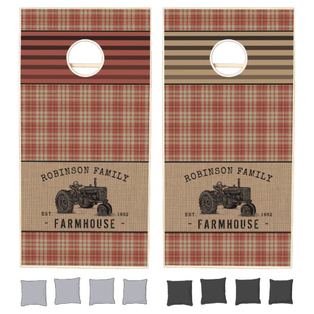 Family Farmhouse Rustic Tractor Red Plaid Burlap Cornhole Set (Set)