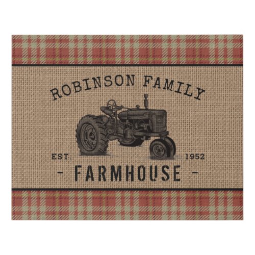 Family Farmhouse Rustic Tractor Red Plaid Burlap Faux Canvas Print