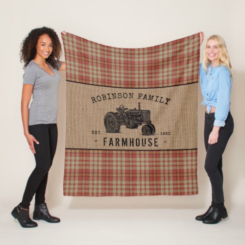 Family Farmhouse Rustic Tractor Red Plaid Burlap Fleece Blanket