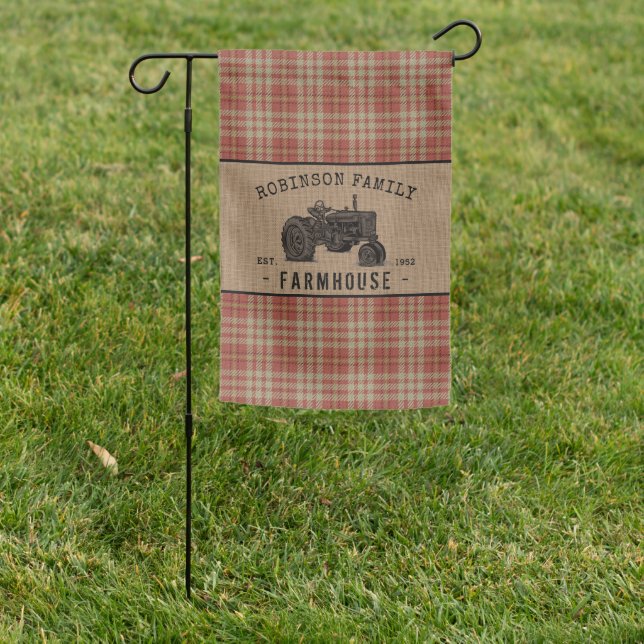 Family Farmhouse Rustic Tractor Red Plaid Burlap Garden Flag (In SItu)
